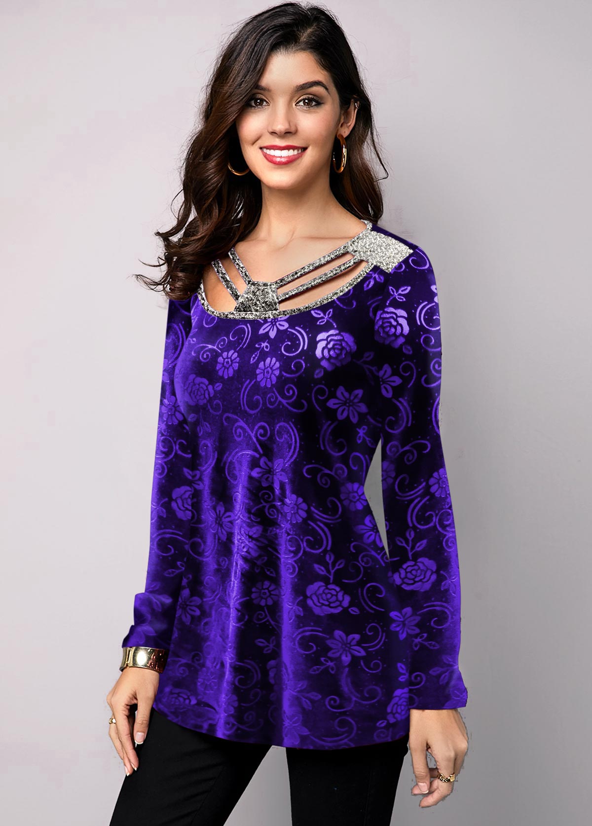 Purple Plus Size Floral Print T Shirt