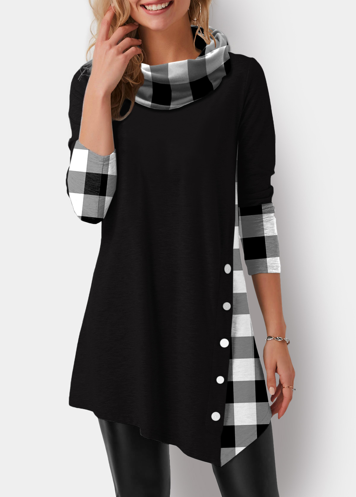 plaid drawstring cowl neck tunic sweatshirt dress
