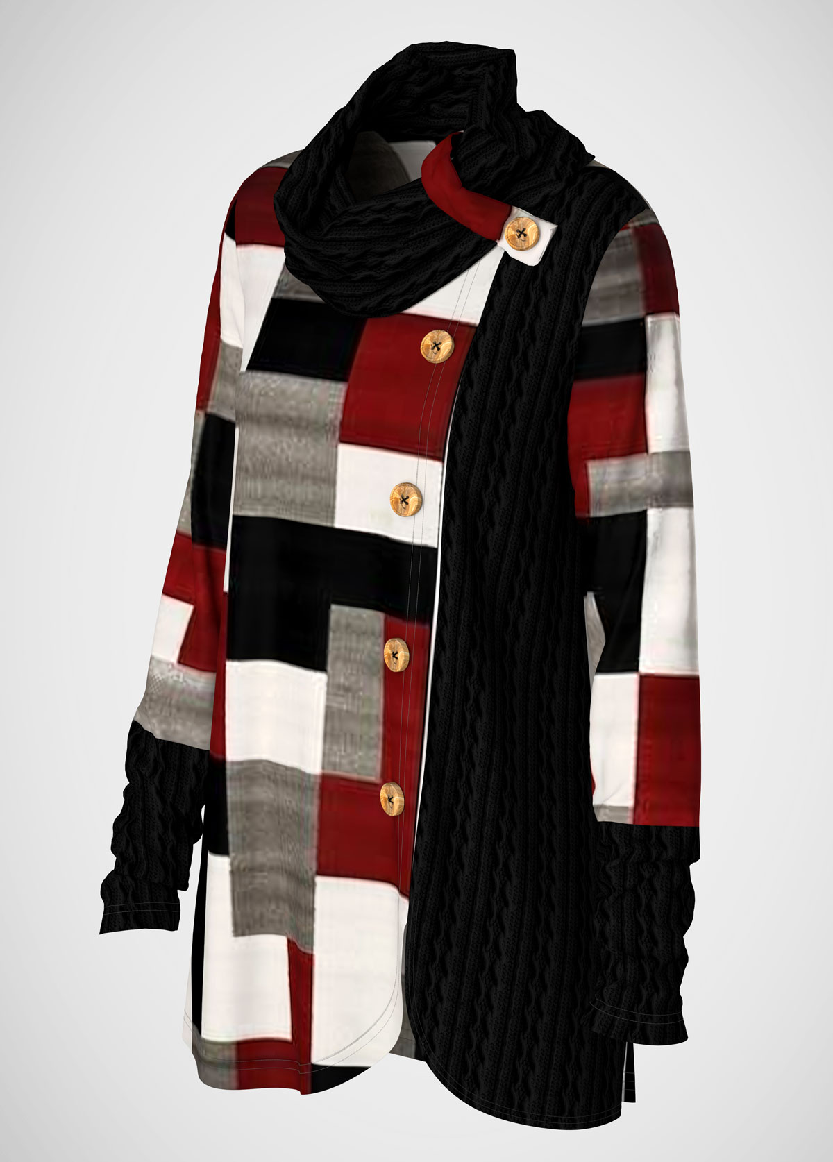 Red Decorative Button Geometric Print Long Sleeve Sweatshirt modlily