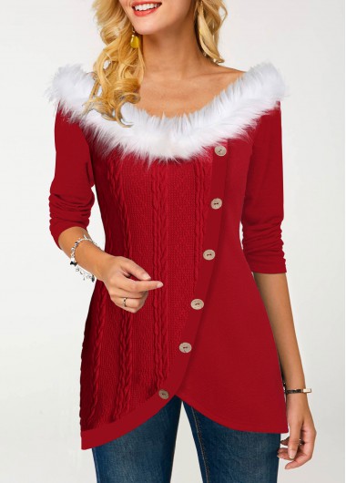 Modlily Christmas Red Long Sleeve Top With Faux Fur Trim Inclined Button Fur Collar Tulip Hem T Shirt - XXL