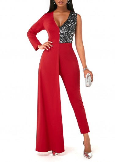 Modlily Sequin Contrast V Neck One Shoulder Jumpsuit - L