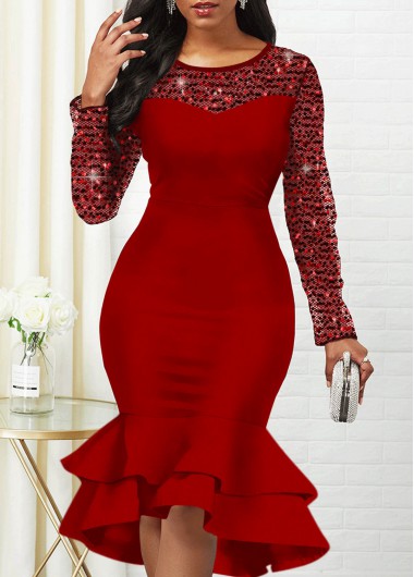 Modlily Sequin Detail Round Neck Long Sleeve Mermaid Dress - M