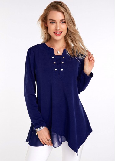 Image of Asymmetric Hem Button Detail Long Sleeve Tunic Top - M