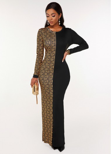 Modlily Geometric Print Round Neck Long Sleeve Dress - M