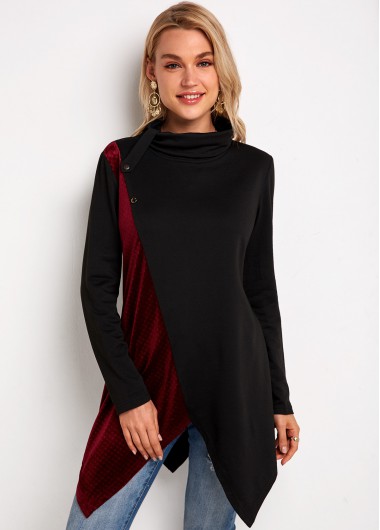 Image of Asymmetric Hem Contrast Cowl Neck Tunic Top - M