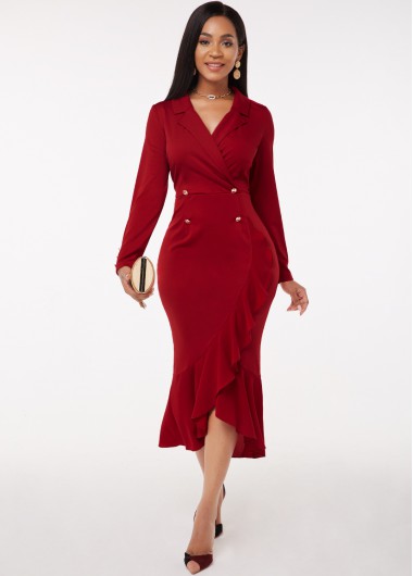 Modlily Flounce Long Sleeve Button Detail Notch Collar Dress - L
