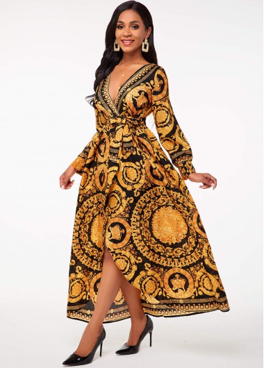 Modlily Bohemian Print Belted V Neck Dress - XL