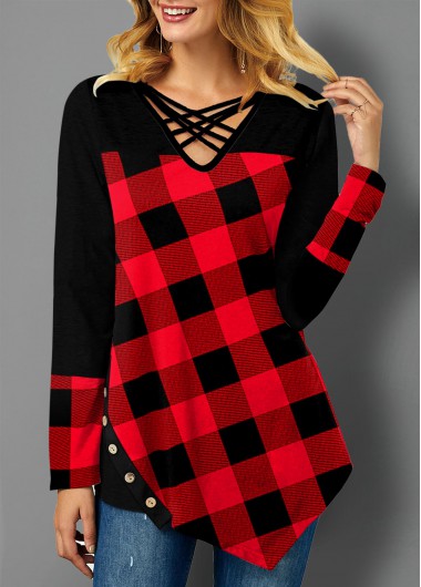 Modlily Plaid Asymmetric Hem Button T Shirt - S