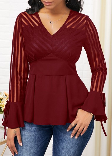 Modlily V Neck Mesh Panel Flare Cuff Blouse - XL