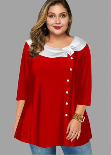 Modlily Button Detail Plus Size Christmas Design Blouse - 1X