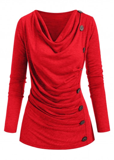 Modlily Ruched Button Detail Cowl Neck T Shirt - S