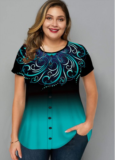 Modlily Plus Size Tribal Print Ombre T Shirt - 1X