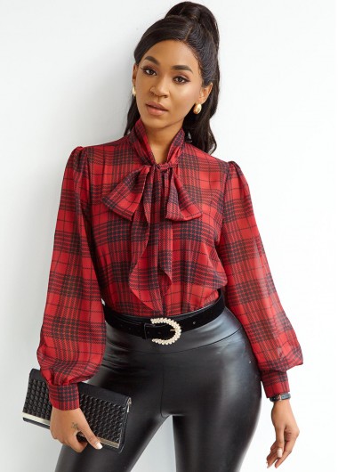 Modlily Plaid Bow Collar Lantern Sleeve Blouse - XL