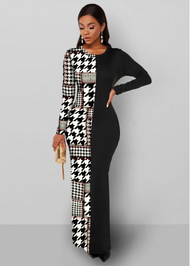 Modlily Houndstooth Print Long Sleeve Round Neck Dress - S