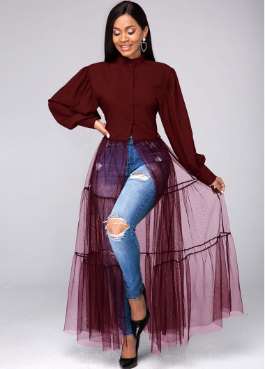 Modlily Mesh Contrast Lantern Sleeve Button Up Blouse - M