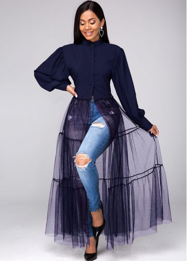 Modlily Mesh Contrast Lantern Sleeve Button Up Blouse - M