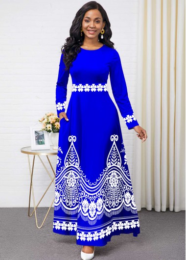 Modlily Tribal Print Round Neck Pocket Maxi Dress - L