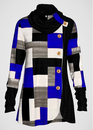 Modlily Geometric Print Long Sleeve Cowl Neck Tunic Top - L