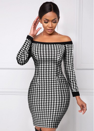 Modlily Houndstooth Print Boat Neck Long Sleeve Dress - M