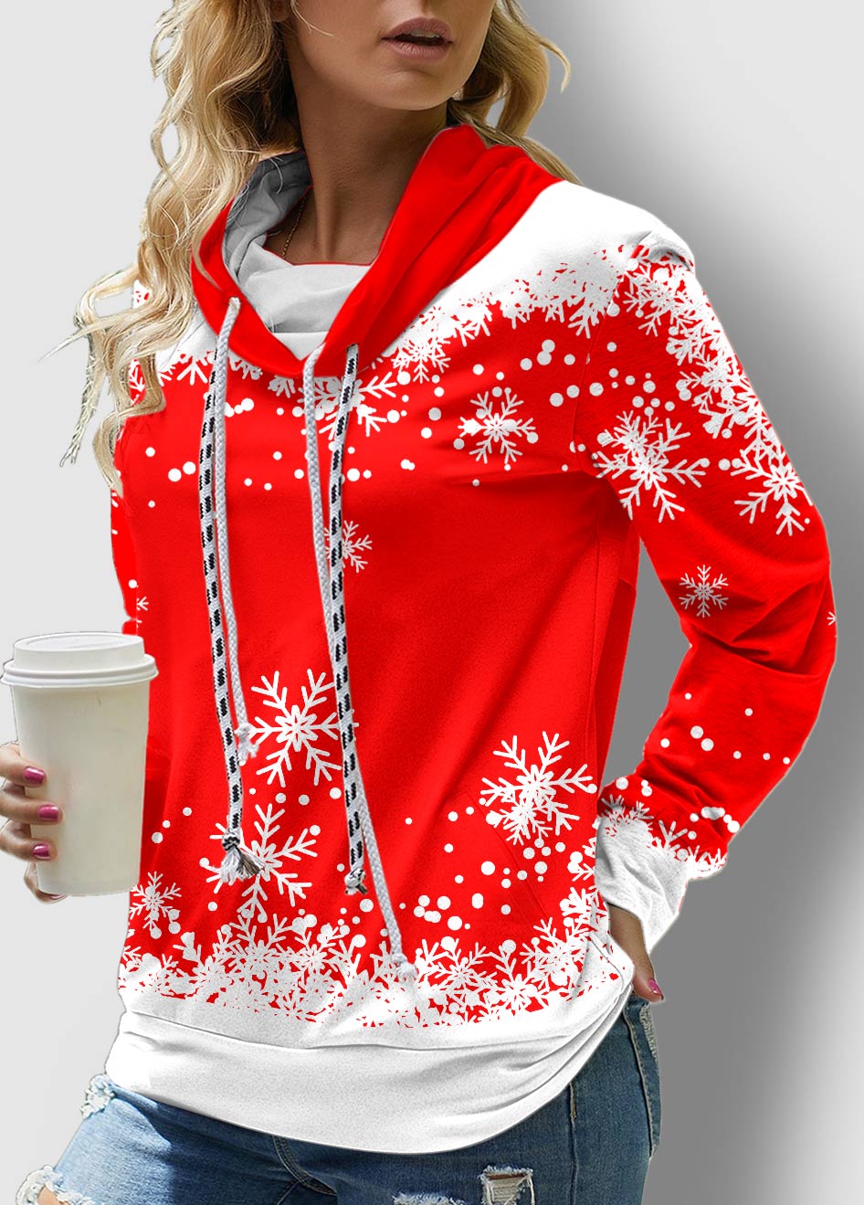Christmas Snowflake Print Drawstring Long Sleeve Sweatshirt