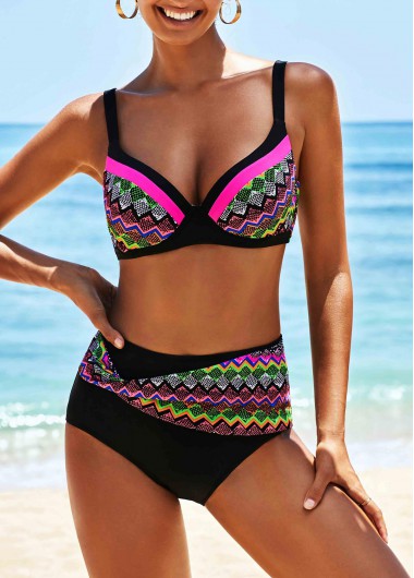 Modlily Tribal Print Spaghetti Strap Black Bikini Set - 10