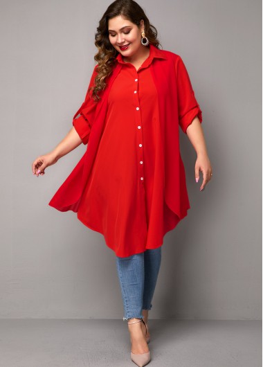 Modlily Red Button Up Half Sleeve Plus Size Blouse Tunic Top - 1X