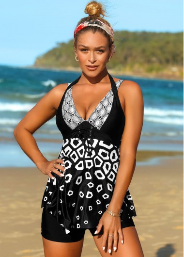 Modlily Black&amp;White Geometric Print Lace Up Swimdress And Shorts - L