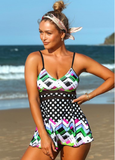 Modlily Mesh Stitching Spaghetti Strap Geometric Print Tankini Set - XL