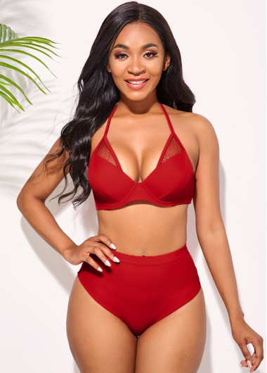 Modlily Lace Stitching Red Halter High Waisted Bikini Set - XL