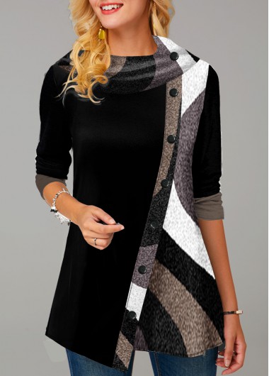 Modlily Contrast Button Detail Asymmetric Hem Tunic Top - S