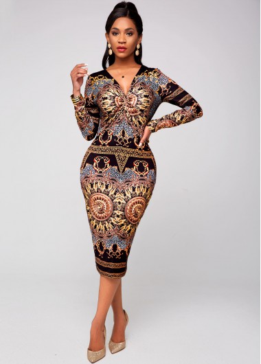 Modlily Tribal Print V Neck Long Sleeve Dress - L