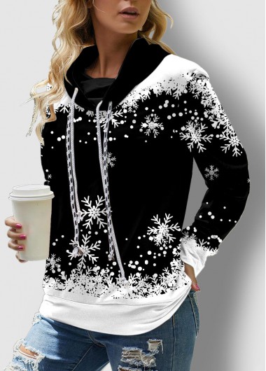 Modlily Long Sleeve Black Christmas Snowflake Print Sweatshirt - S