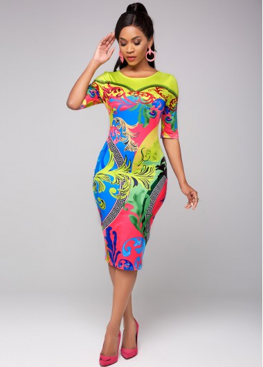 Modlily Tribal Print Round Neck Half Sleeve Dress - S