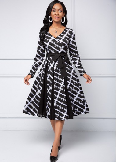 Modlily Long Sleeve Plaid V Neck dress - S