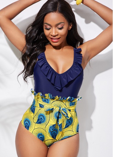 Modlily Flounce Tie Tribal Print Blue&amp;Lemon Yellow One Piece Swimwear - M