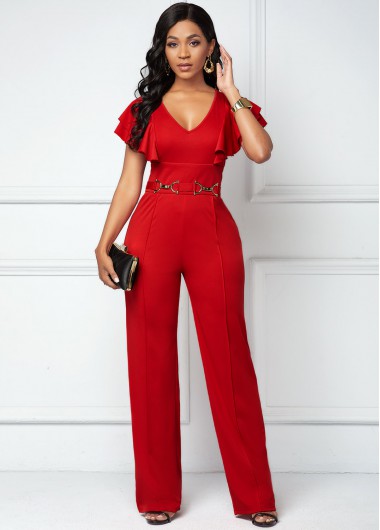 Modlily Women Sexy Butterfly Sleeve Deep V Neck Red Office Lady Elegant Jumpsuit - S