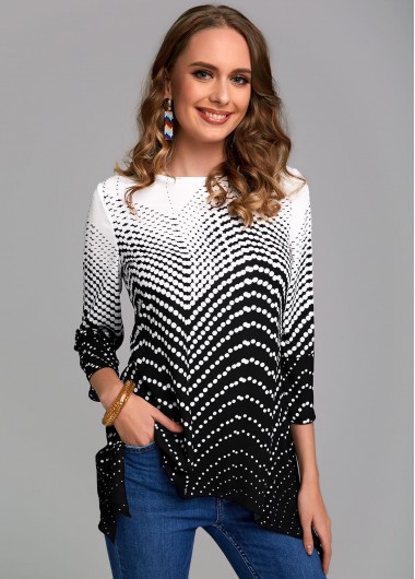 Modlily Polka Dot Round Neck 3/4 Sleeve Blouse - L