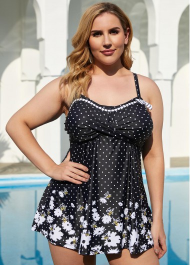 Modlily Polka Dot Floral Print Plus Size Swimdress and Panty - 3X