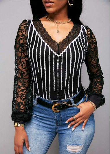 Modlily Lace Panel V Neck Striped Long Sleeve T Shirt - S