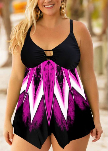 Modlily Plus Size Asymmetric Hem Printed Swimdress and Panty - 3X