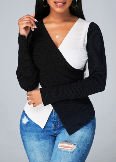 Modlily Contrast V Neck Asymmetric Hem Sweater - XL