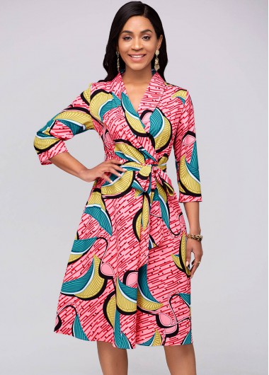 Modlily Belted Printed 3/4 Sleeve Red Dress - XXL