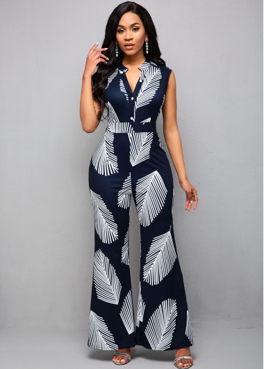 Modlily Plant Print Split Neck Sleeveless Jumpsuit - M