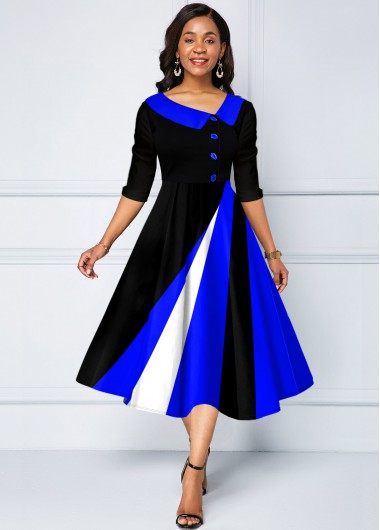 Modlily Geometric Print Contrast Decorative Button Dress - S