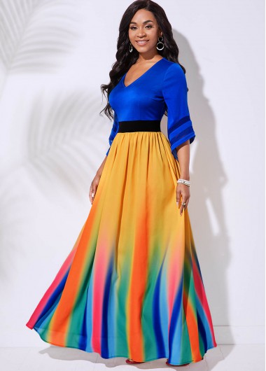 Modlily Rainbow Stripe V Neck 3/4 Sleeve Dress - M