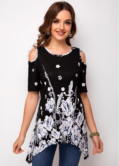 Modlily Asymmetric Hem Floral Print Cold Shoulder T Shirt - M