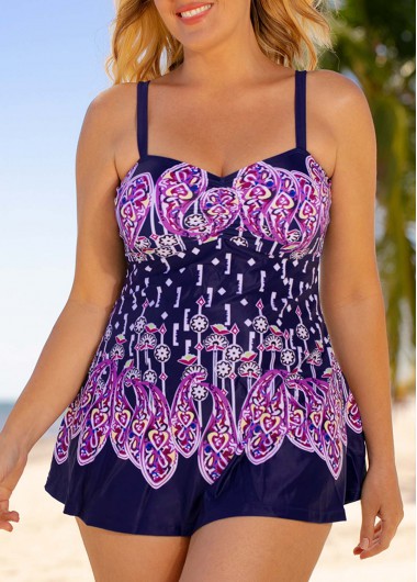 Modlily Plus Size Paisley Print Swimdress and Shorts - 2X