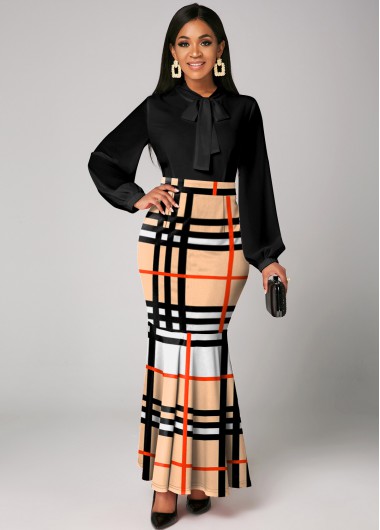 Modlily Plaid Bow Collar Long Sleeve Mermaid Dress - S