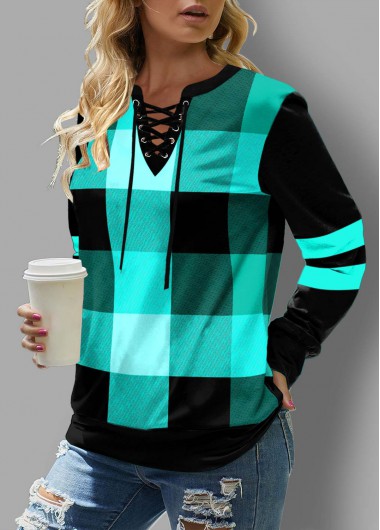 Modlily Lace Up Plaid Long Sleeve Sweatshirt - M