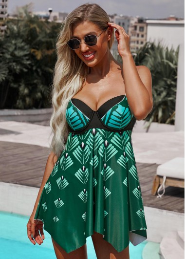 Modlily Leaf Print Spaghetti Strap Swimdress and Shorts - S